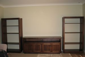 Entertainment unit  made from rough sawn victorian ash with side bookcases. 19